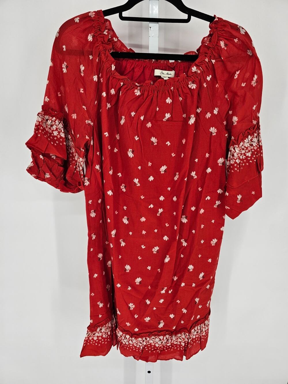Ella Moon Womens Sz L Knee Length Boho Dress Red White Floral Off Shoulder